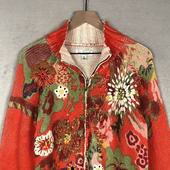COLDWATER CREEK Embroidered Full Zip Sweater Sz M Orange Printed Floral Cotton - Picture 3 of 13